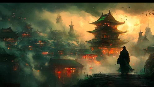 Solitary figure observing illuminated pagoda city at dusk.