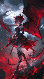 Winged demonic humanoid in red-black environment at dusk.