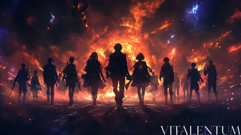 Silhouetted figures before fiery cosmic vortex background.