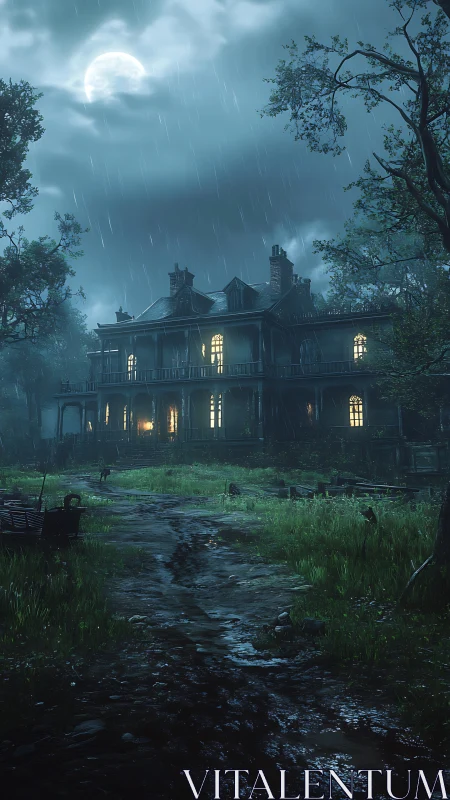 Rain-soaked manor under moonlit sky creates cinematic dread
