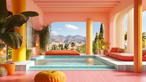 Geometric pool terrace with mountains and tropical planting.