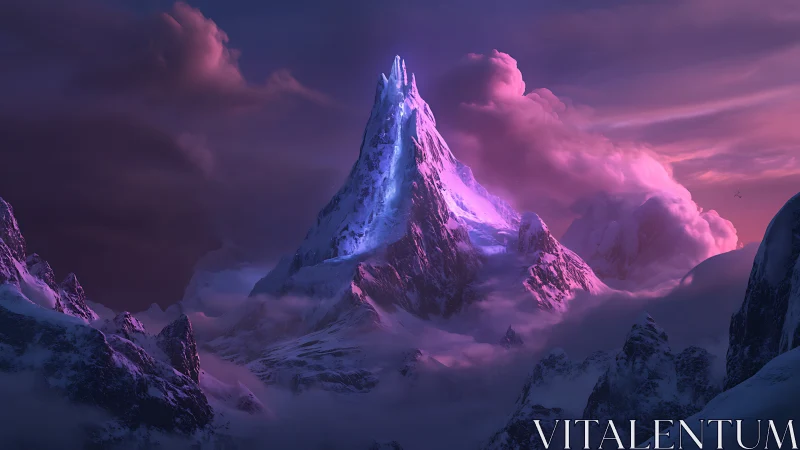 Glaciated spire under magenta volumetric twilight atmosphere.