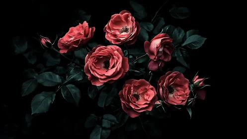 Roses displayed against dark background with layered foliage elements.