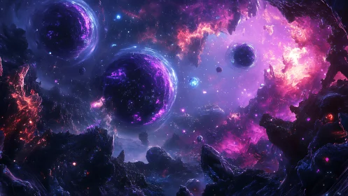 Cosmic nebula gateway with luminous violet twin worlds.