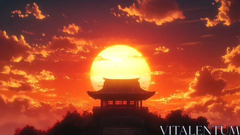 Temple silhouette aligned with oversized sun at fiery sunset