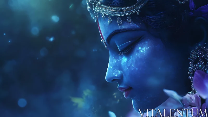 Side profile of jeweled blue deity face in ethereal bokeh glow