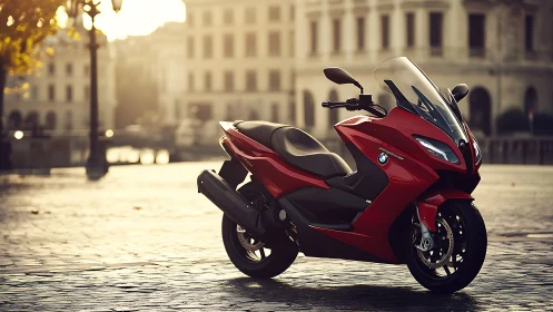 Crimson city scooter basks in golden hour cobblestone glow