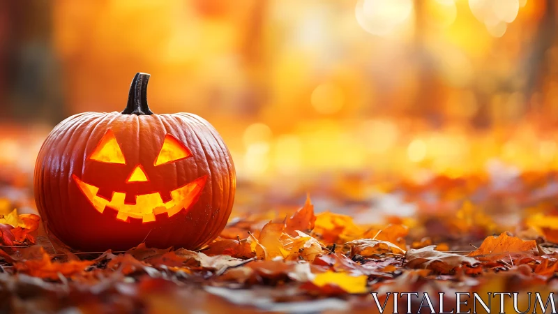 Illuminated jack o lantern on autumn leaves with bokeh glow
