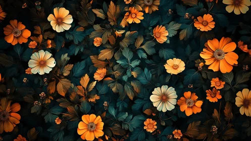 Macro floral array with teal foliage and orange cosmos blooms