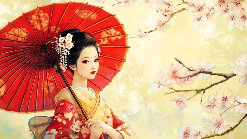 Geisha in patterned kimono with red umbrella and blossoms.