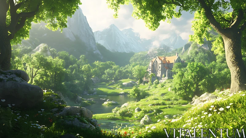 Sunlit riverside manor in verdant alpine valley landscape.