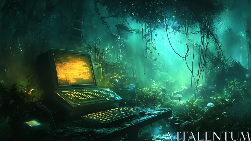 Retro terminal glows within luminescent overgrown jungle