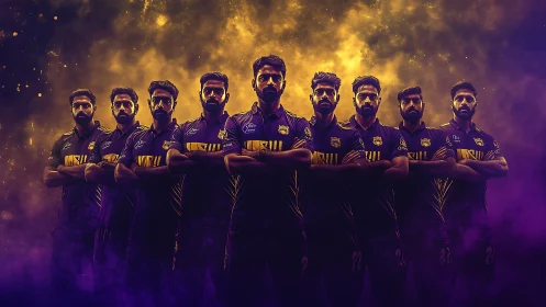 Purple flame squad rising through stadium nightfall haze.