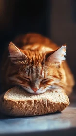 Golden Tabby Cat Resting on Artisan Bread Loaf. Professional Studio Portrait.