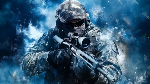 Elite Soldier Ready for Action in Icy Blue Warfare.