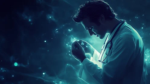 Doctor in teal light holding glowing energy sphere in hands.