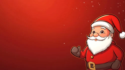 Cartoon Santa character rendered on red gradient starfield background