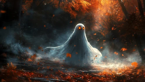 Volumetric-lit spectral figure drifts through foggy autumn forest