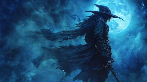 Cloaked swordsman stands in blue moonlit night sky