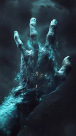Spectral blue hand emerges in volumetric cinematic lighting