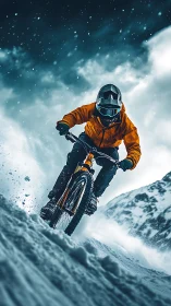Mountain Biker Executing Descent on Snow-Covered Alpine Terrain