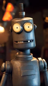 Cartoonish steel service robot with cylindrical body and wide eyes