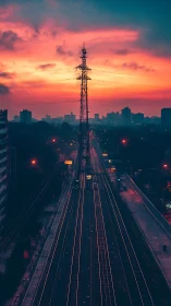Sunset city rails converge beneath glowing transmission tower