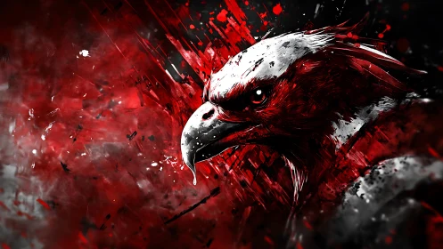 Fierce crimson eagle emerging from a storm of color.