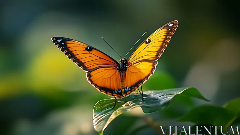 Butterfly rests on leaf with symmetric orange wing display