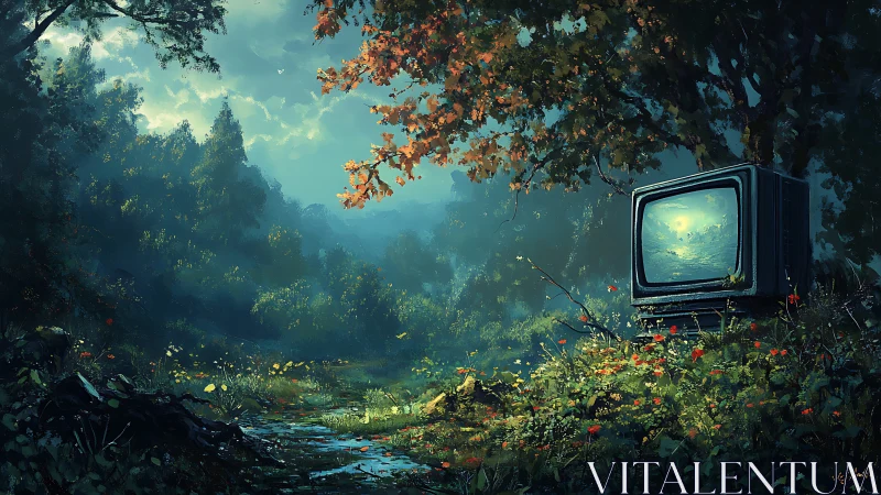 Old forest television glows amid misty overgrown clearing.