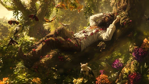 Digital painting of masked dreamer in lush arboreal bloomscape.