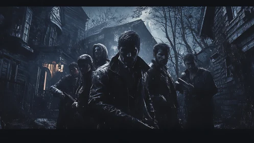 Noir ensemble advances through rain-soaked derelict street at night