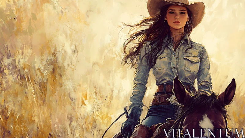 Cowgirl rides chestnut horse through golden abstract prairie.