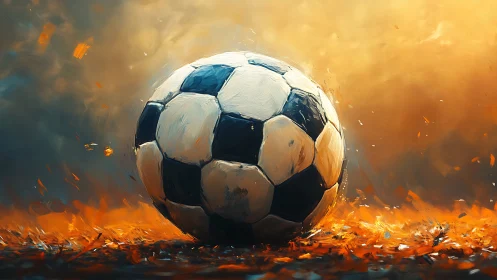 Soccer ball resting on fiery ground in warm light.