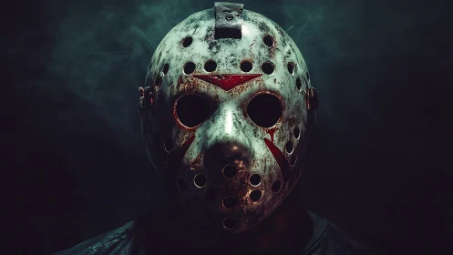 Hockey mask portrait in moody horror atmosphere.