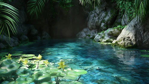 Shallow turquoise grotto pool with detailed caustics and foliage