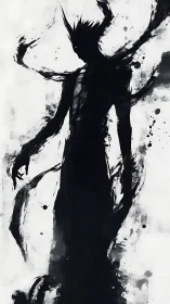 Monochrome ink wraith silhouette with gestural splatter strokes