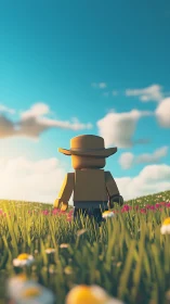 Sunlit toy wanderer enjoys a calm walk through wildflowers