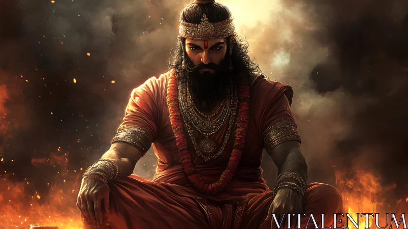 Fierce warrior saint seated amid smoke and fire glow.