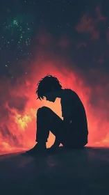 Silhouetted seated figure before red cloud and night sky.