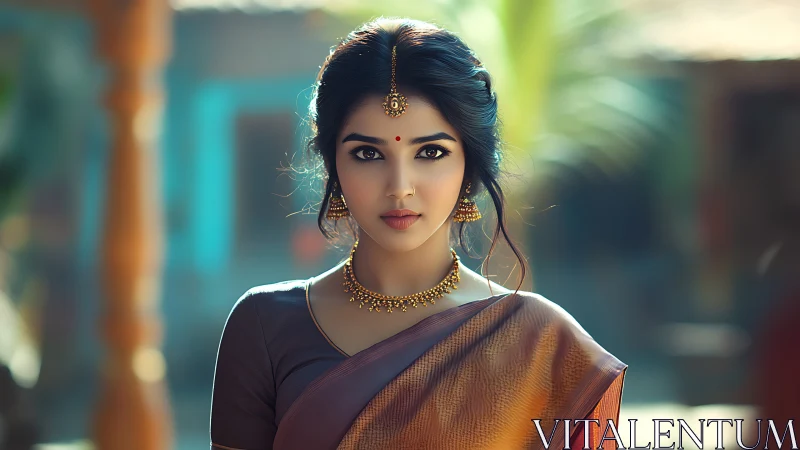 Graceful woman in traditional saree meets the viewer’s gaze
