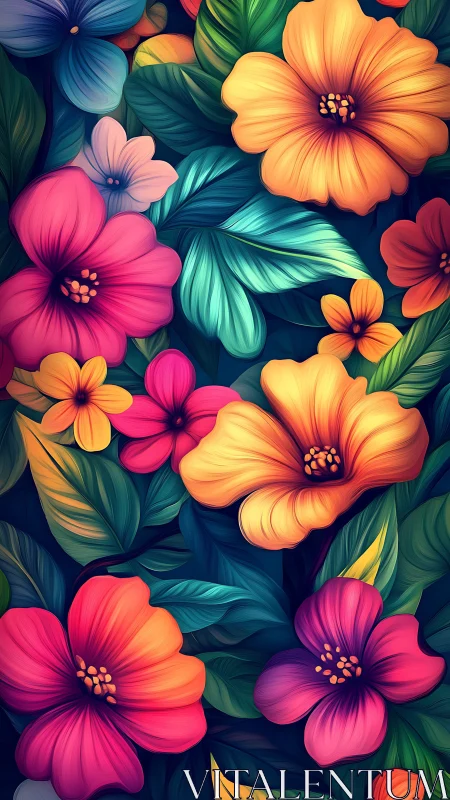 Floral composition with layered botanical elements and chromatic variation.