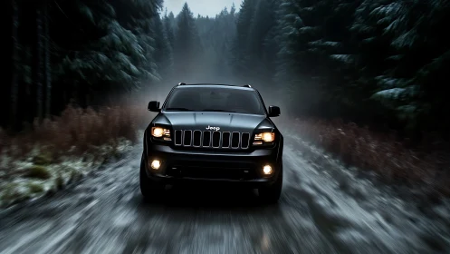 Black Jeep SUV drives on wet forest road in low light