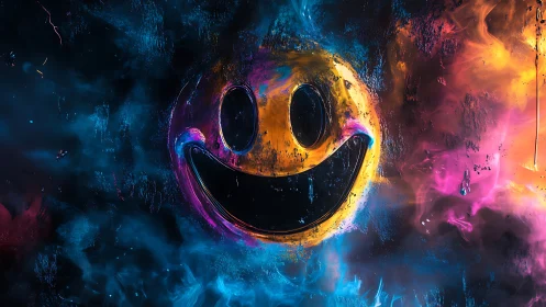 Neon smiley face glowing through swirling cosmic color storm.
