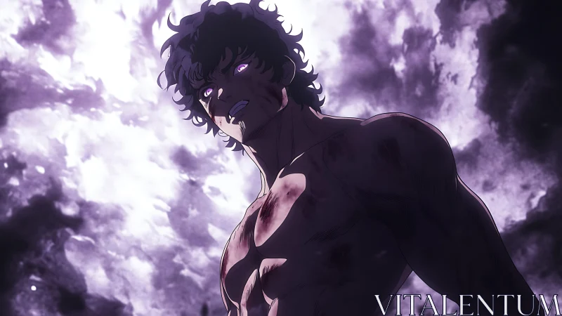 Battle-scarred anime warrior under storm-lit night sky.