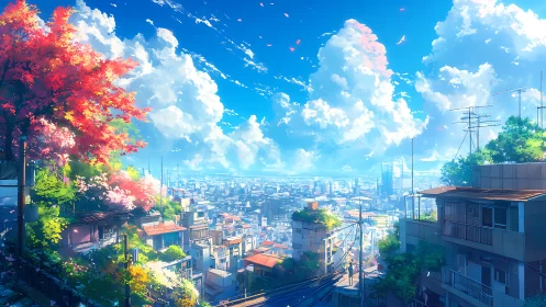 Urban hillside view under vivid summer sky from above.