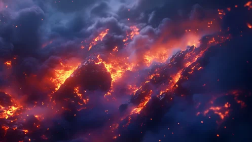 Volcanic eruption with lava and atmospheric particulates.