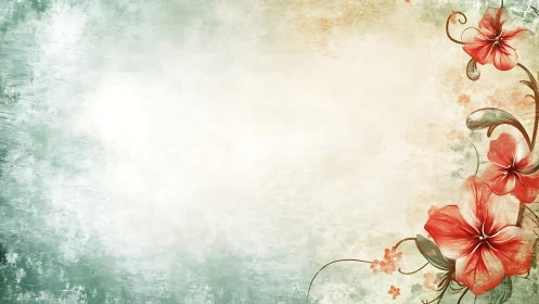 Vintage watercolor composition with coral botanical elements and layered translucent texture.