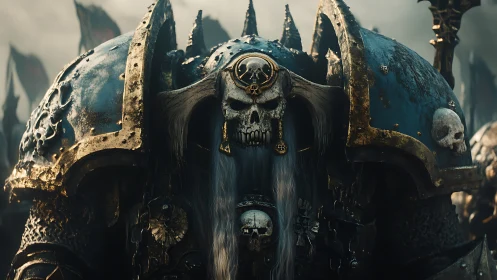 Skull-helmed warlord in ornate blue power armor advances