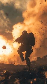 Soldier sprinting through explosion in cinematic battlefield blaze.